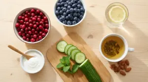 Mirtilli rossi e blu, cetriolo, yogurt, tè e acqua con limone su tavolo, alimenti utili contro la cistite