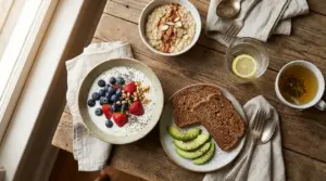 Colazione a basso indice glicemico con yogurt, frutti di bosco, avena, pane integrale e avocado