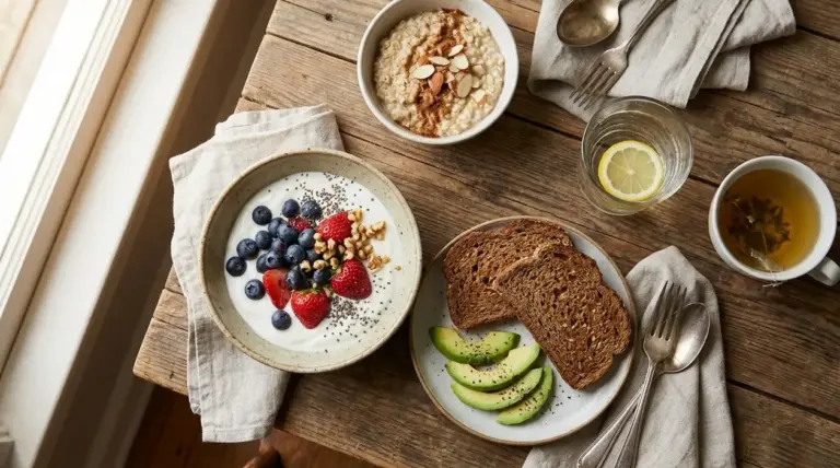Colazione a basso indice glicemico con yogurt, frutti di bosco, avena, pane integrale e avocado
