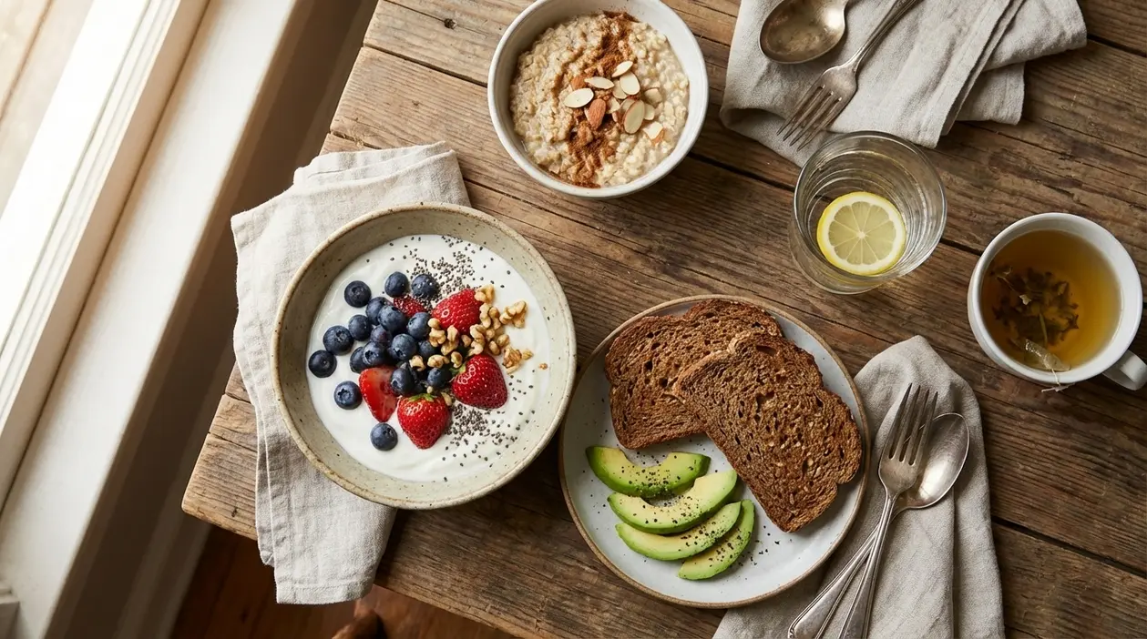 Colazione a basso indice glicemico con yogurt, frutti di bosco, avena, pane integrale e avocado