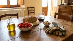 Tavolo rustico con pane integrale, pomodori, olio d'oliva, frutta secca e un bicchiere di vino rosso