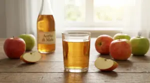 Bicchiere di acqua con aceto di mele su tavolo in legno, con mele intere e tagliate accanto