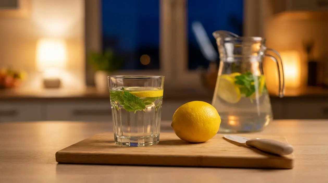 Bicchiere e caraffa di acqua con limone su un tavolo in cucina, in un ambiente serale