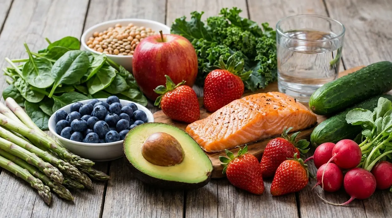 Selezione di alimenti sani per i reni con salmone, avocado, frutti di bosco, verdure a foglia e acqua
