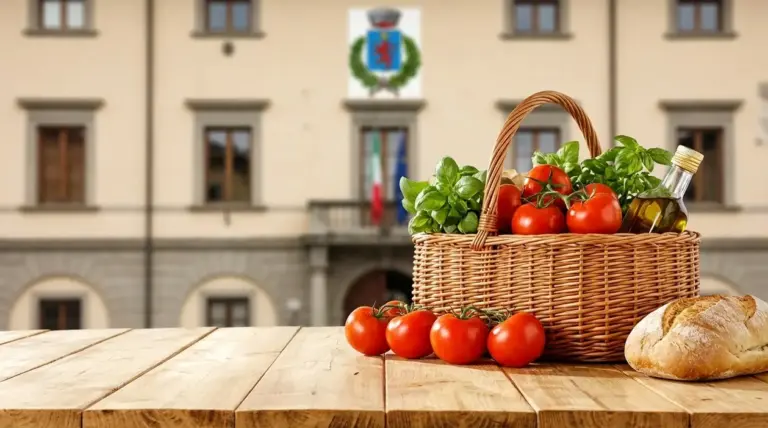 Cestino con pomodori, basilico, olio d'oliva e pane su un tavolo, simbolo di alimentazione mediterranea