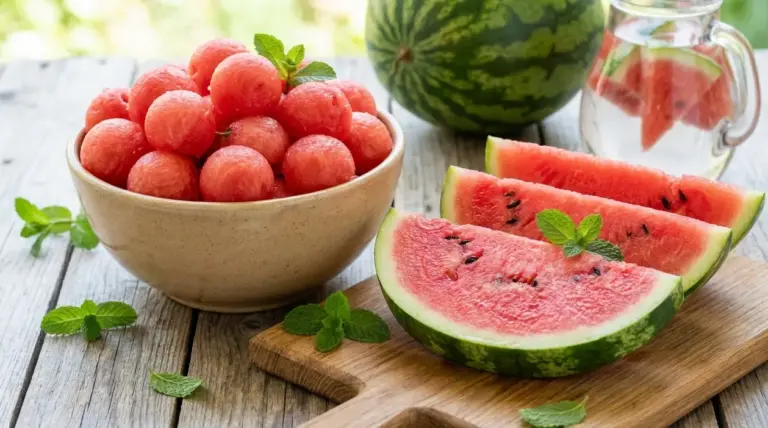 Anguria fresca a fette e in palline su un tavolo di legno, con foglie di menta e una caraffa d’acqua