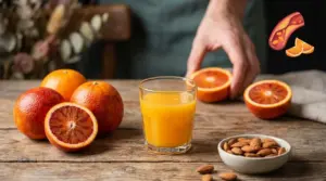 Bicchiere di succo d’arancia con arance rosse e mandorle su un tavolo, in un contesto legato al colesterolo alto