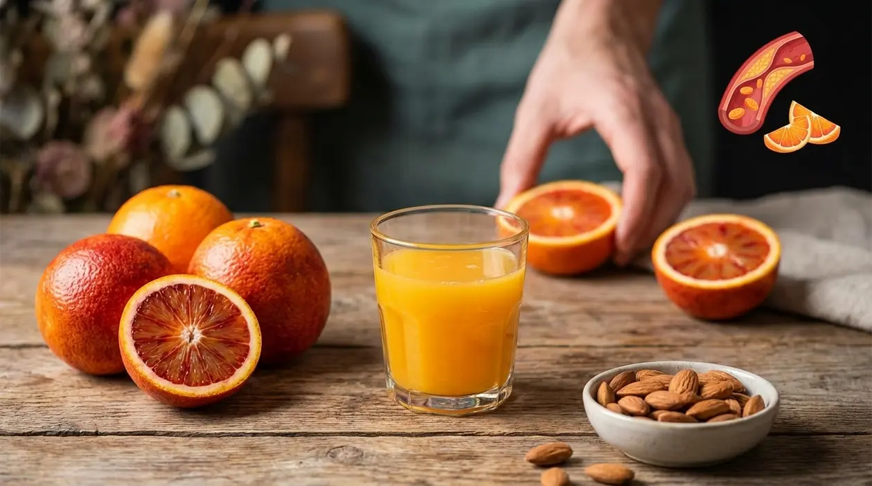 Bicchiere di succo d’arancia con arance rosse e mandorle su un tavolo, in un contesto legato al colesterolo alto