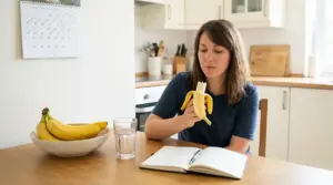 Donna seduta in cucina mentre mangia una banana, con calendario e taccuino sul tavolo