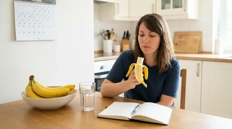 Donna seduta in cucina mentre mangia una banana, con calendario e taccuino sul tavolo