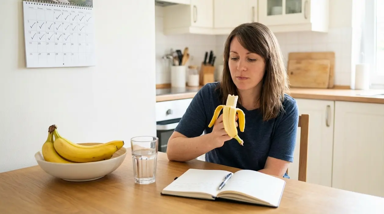 Donna seduta in cucina mentre mangia una banana, con calendario e taccuino sul tavolo