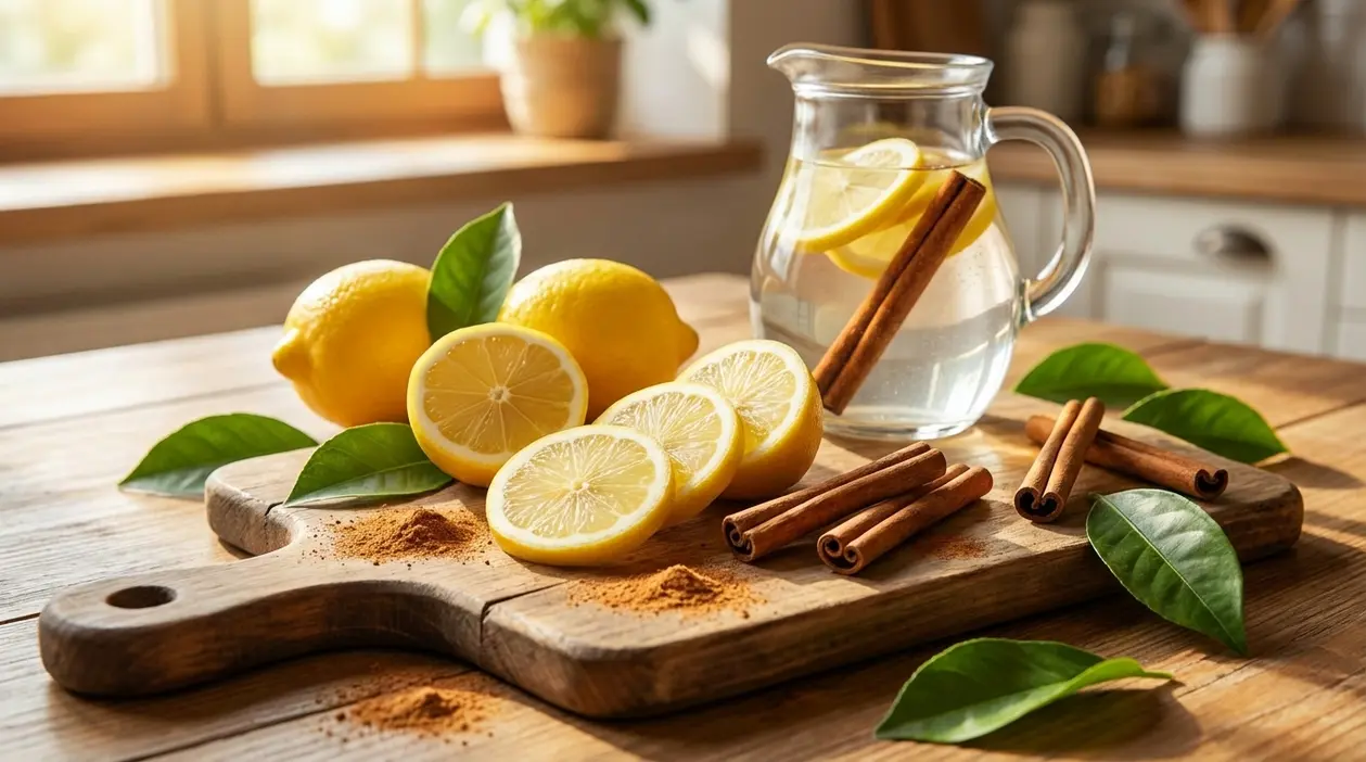 Limoni freschi, fette di limone e stecche di cannella su un tagliere accanto a una caraffa d’acqua aromatizzata