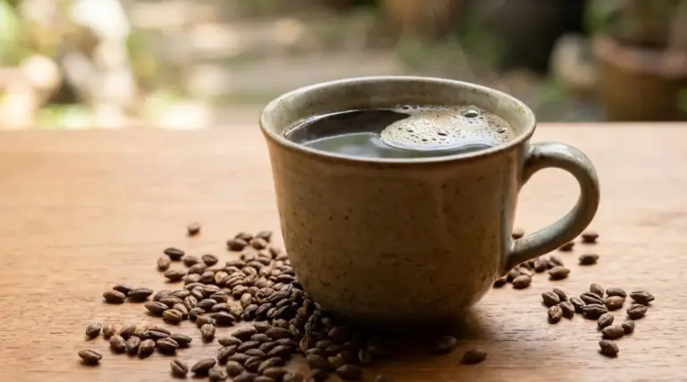 Tazza di caffè d'orzo su un tavolo di legno con chicchi sparsi attorno