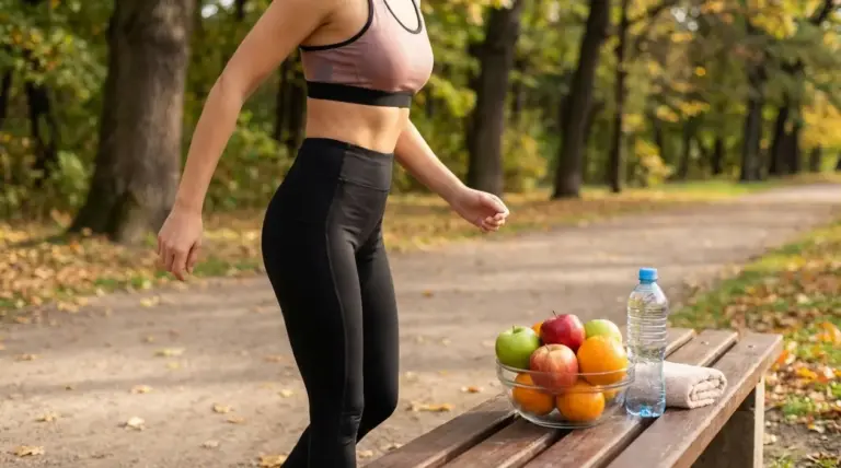 Donna che cammina in un parco accanto a una panchina con frutta e acqua, simbolo di benessere e pancia piatta