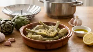 Carciofi cotti in una terrina con limone, aglio e olio su tavolo da cucina