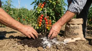 Mani che aggiungono cenere di legna al terreno attorno a una pianta di pomodori nell’orto