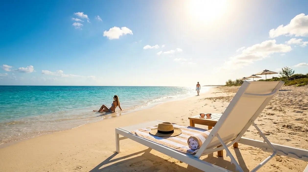 Spiaggia soleggiata con mare cristallino, una persona in riva e lettino sulla sabbia