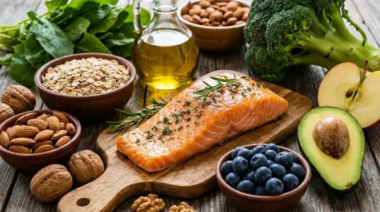 Alimenti che aiutano ad abbassare il colesterolo: salmone, avena, mandorle, broccoli, avocado e olio d'oliva