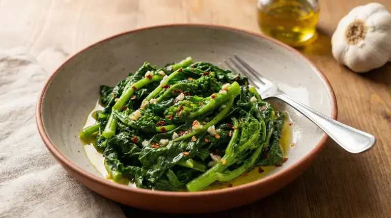 Piatto di cime di rapa saltate con aglio, olio extravergine e peperoncino su tavolo di legno