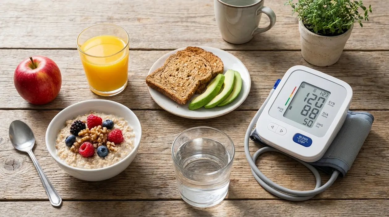 Colazione sana con avena, frutta, avocado e misuratore di pressione su un tavolo di legno