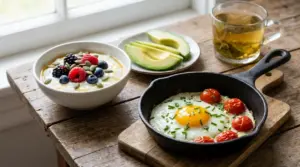 Colazione salata con uovo al tegamino, avocado, yogurt con frutti di bosco e tisana su tavolo in legno
