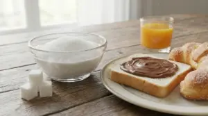 Colazione ricca di zuccheri con pane e crema spalmabile, brioche, succo d’arancia e ciotola di zucchero