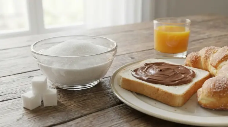 Colazione ricca di zuccheri con pane e crema spalmabile, brioche, succo d’arancia e ciotola di zucchero