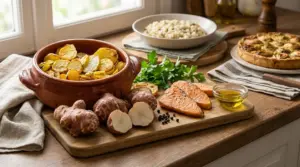 Topinambur crudo e al forno con salmone, olio d'oliva e legumi su un tavolo di cucina