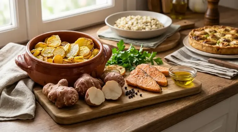 Topinambur crudo e al forno con salmone, olio d'oliva e legumi su un tavolo di cucina