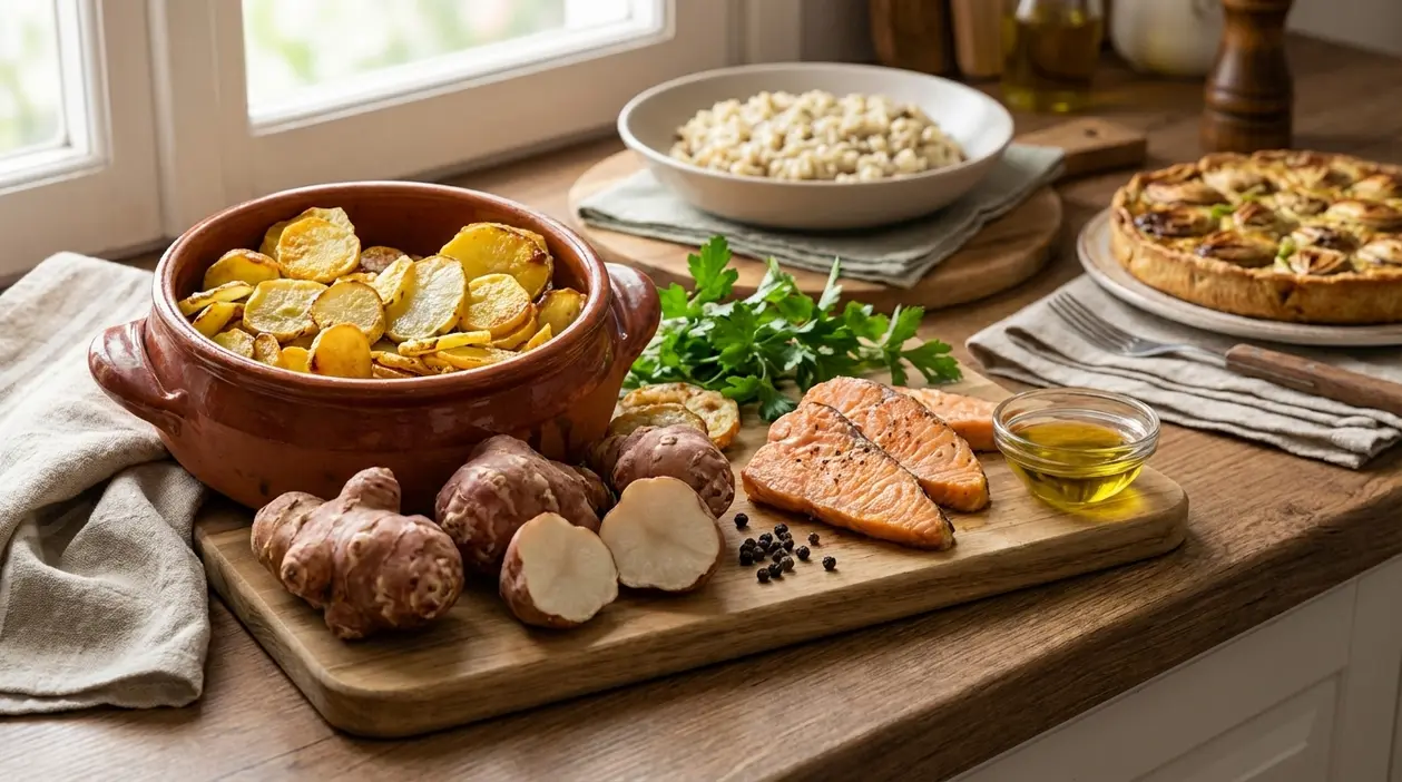 Topinambur crudo e al forno con salmone, olio d'oliva e legumi su un tavolo di cucina