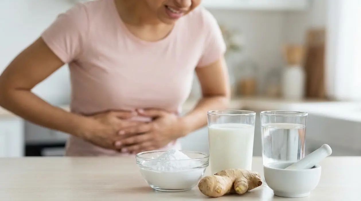 Persona con bruciore di stomaco che si tiene l’addome, con acqua, latte e zenzero sul tavolo