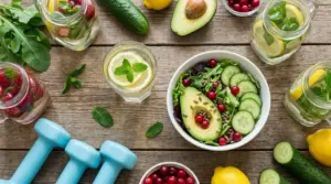 Insalata con avocado e cetriolo, acqua al limone e frutti rossi su tavolo rustico per una dieta detox di tre giorni