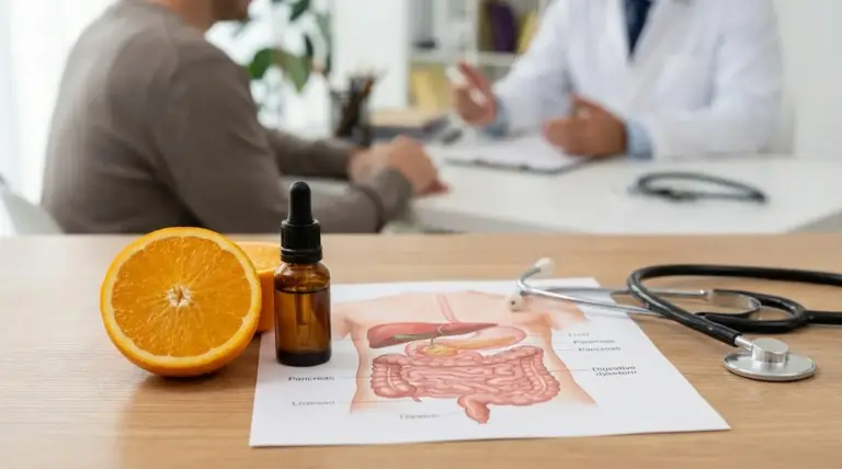 Arancia, contagocce e schema dell’apparato digerente su un tavolo durante un consulto medico sul pancreas