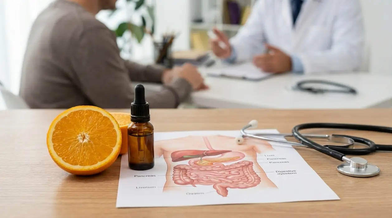 Arancia, contagocce e schema dell’apparato digerente su un tavolo durante un consulto medico sul pancreas