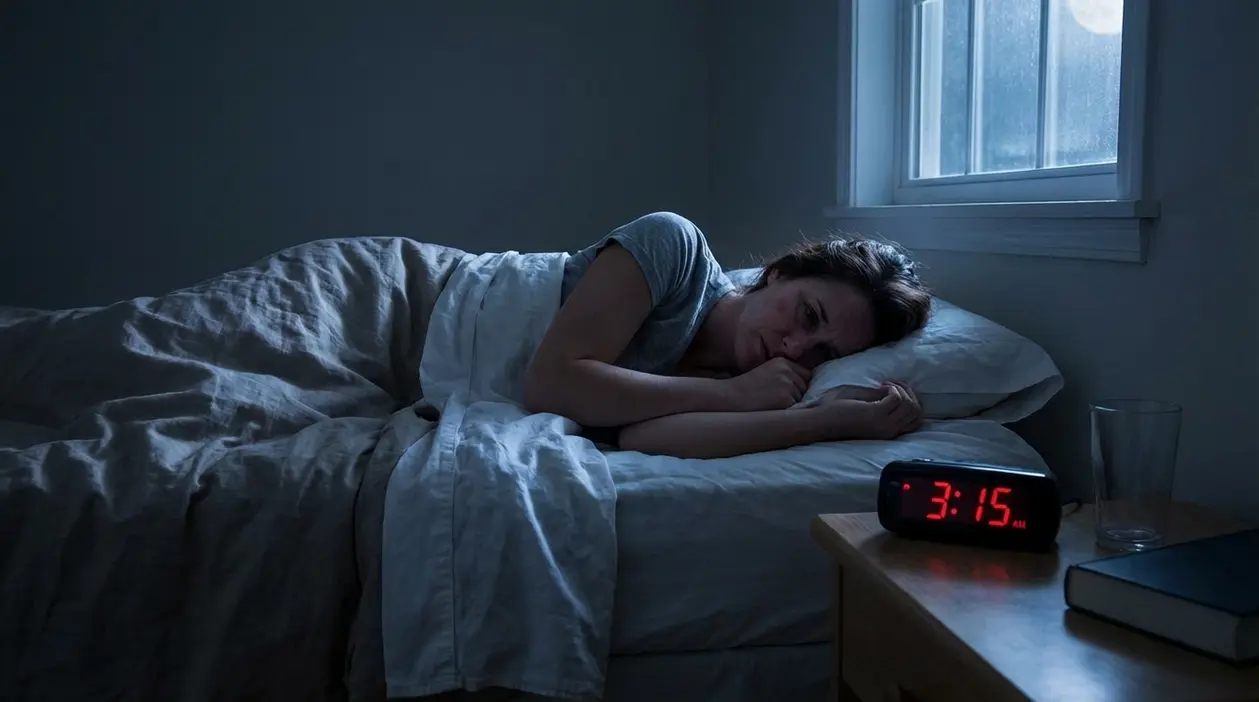 Donna sveglia nel letto di notte accanto a una sveglia, simbolo di insonnia e sonno disturbato