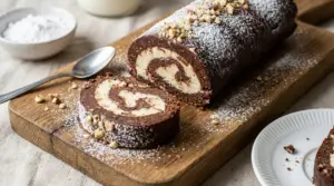 Rotolo dolce al cioccolato senza cottura, farcito con crema chiara e spolverato di zucchero a velo