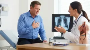 Uomo con dolore al lato destro del petto durante una visita medica con dottoressa in ambulatorio