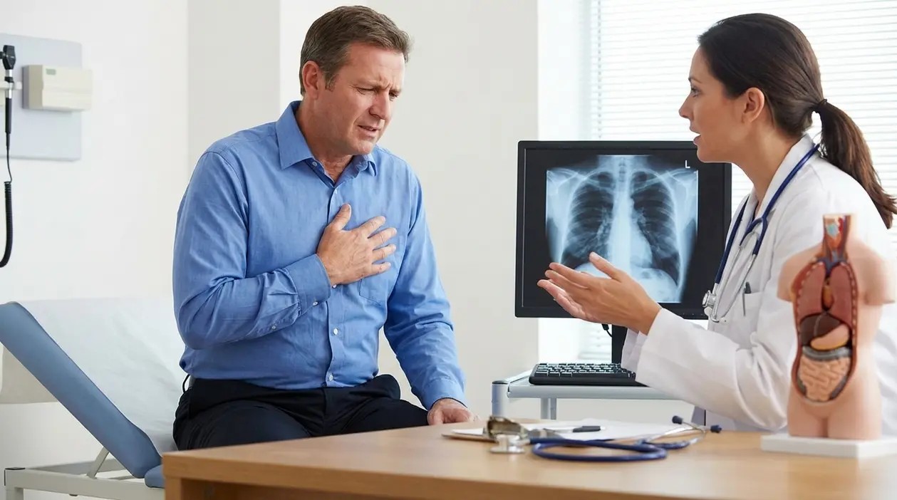 Uomo con dolore al lato destro del petto durante una visita medica con dottoressa in ambulatorio