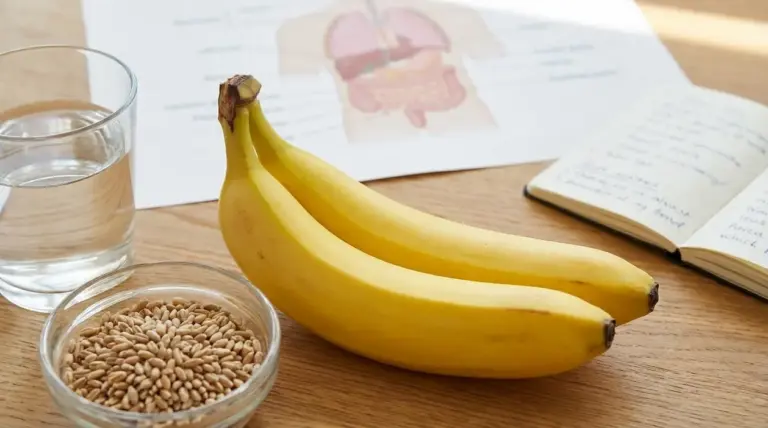 Due banane su un tavolo con un bicchiere d’acqua e alimenti sani, accanto a un diagramma dell’apparato digerente