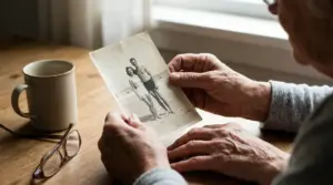 Persona anziana osserva una vecchia fotografia seduta a un tavolo, in un momento di riflessione sul passato
