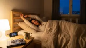 Donna sveglia di notte nel letto mentre si stiracchia, con sveglia sul comodino e luce soffusa in camera