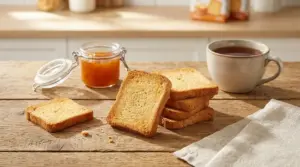 Fette biscottate su tavolo di legno con marmellata e tazza di tè, in una scena di colazione