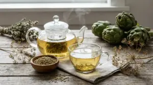Tisana al finocchio selvatico con semi e teiera in vetro su tavolo rustico, utile contro il gonfiore addominale