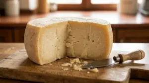 Forma di formaggio stagionato tagliata su un tagliere di legno con coltello, in cucina