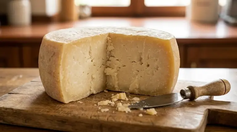 Forma di formaggio stagionato tagliata su un tagliere di legno con coltello, in cucina