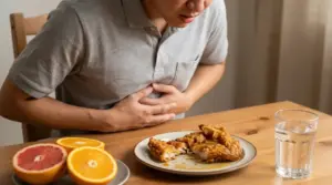 Persona con dolore allo stomaco davanti a un piatto di pollo fritto e agrumi su un tavolo