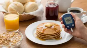Mano con glucometro accanto a una colazione dolce con pancake, succo d’arancia, cereali, pane e marmellata