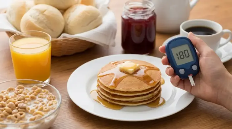Mano con glucometro accanto a una colazione dolce con pancake, succo d’arancia, cereali, pane e marmellata