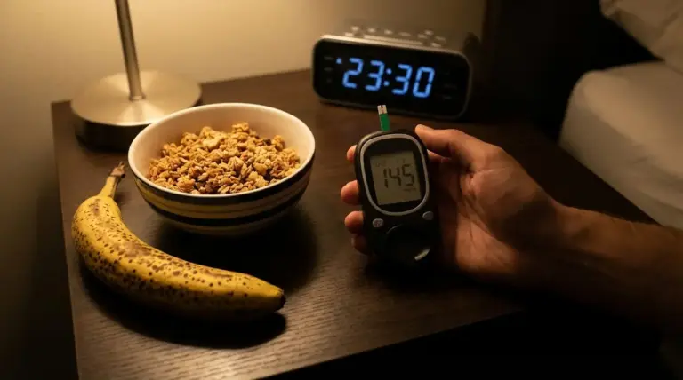 Misuratore della glicemia accanto a cereali e banana sul comodino di notte
