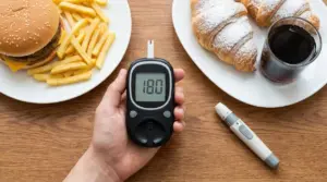 Glucometro con valore alto in mano accanto a hamburger, patatine, cornetti e bibita zuccherata